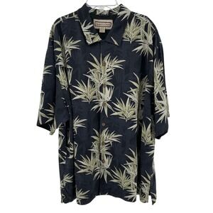 Jamaica Jaxx Hawaiian Silk Shirt Mens XL Camp Black Green Leaf Tropical Vacay
